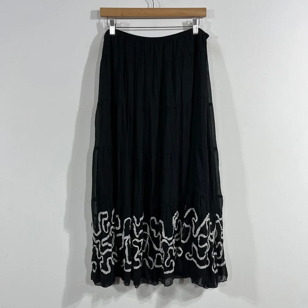 Rafael VTG 90s Fairy Grunge Black Tiered Maxi Skirt Embroidery Boho Womens Large